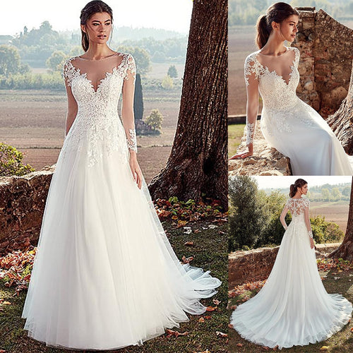 Tulle V-neck Wedding Dresses With Back Lace Long Sleeves