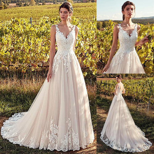 Elegant Tulle V-neck Wedding Dresses With Lace