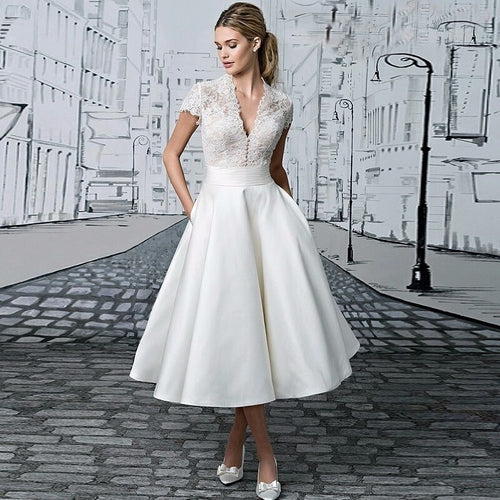 V-neck Lace Short Wedding Dress