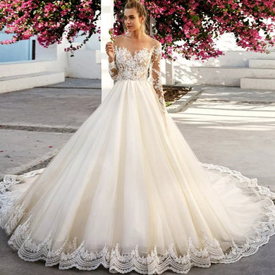 Long Sleeve Tulle Ball Gown Wedding Dress
