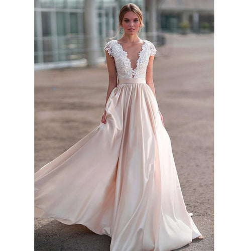 Deep V-neck Lace Appliques Wedding Dresses
